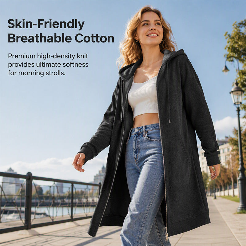 ☕Women Mid-Length Hooded Sweatshirt Jacket Casual Zip Up Cardigan Coat with Pockets☁️