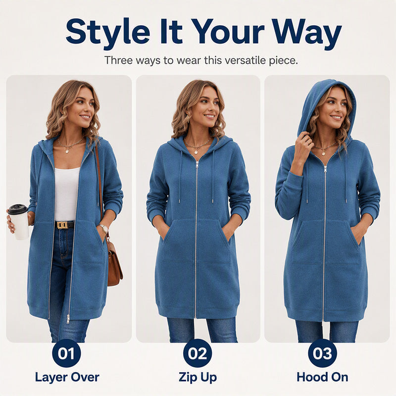 ☕Women Mid-Length Hooded Sweatshirt Jacket Casual Zip Up Cardigan Coat with Pockets☁️