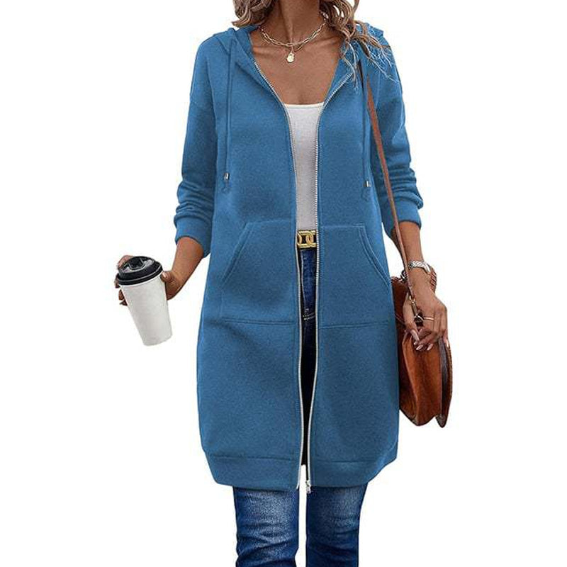 ☕Women Mid-Length Hooded Sweatshirt Jacket Casual Zip Up Cardigan Coat with Pockets☁️