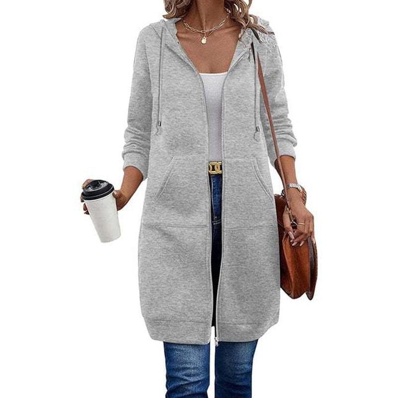 ☕Women Mid-Length Hooded Sweatshirt Jacket Casual Zip Up Cardigan Coat with Pockets☁️