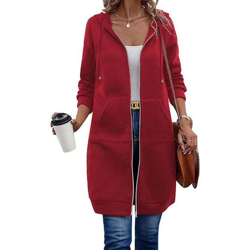 ☕Women Mid-Length Hooded Sweatshirt Jacket Casual Zip Up Cardigan Coat with Pockets☁️