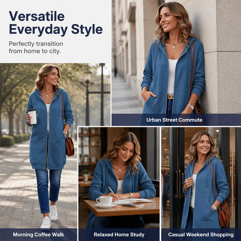☕Women Mid-Length Hooded Sweatshirt Jacket Casual Zip Up Cardigan Coat with Pockets☁️