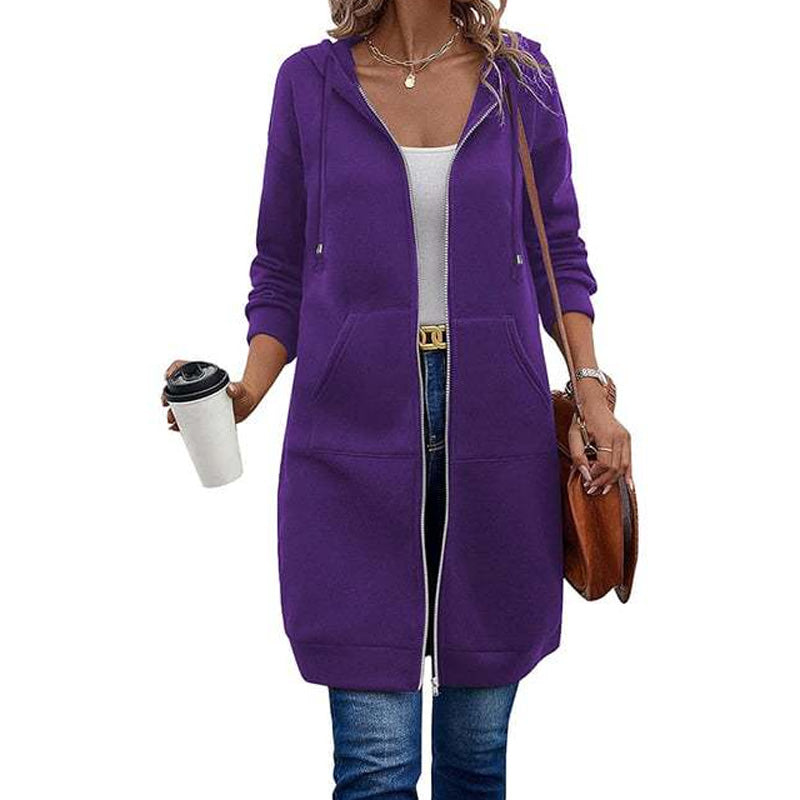 ☕Women Mid-Length Hooded Sweatshirt Jacket Casual Zip Up Cardigan Coat with Pockets☁️