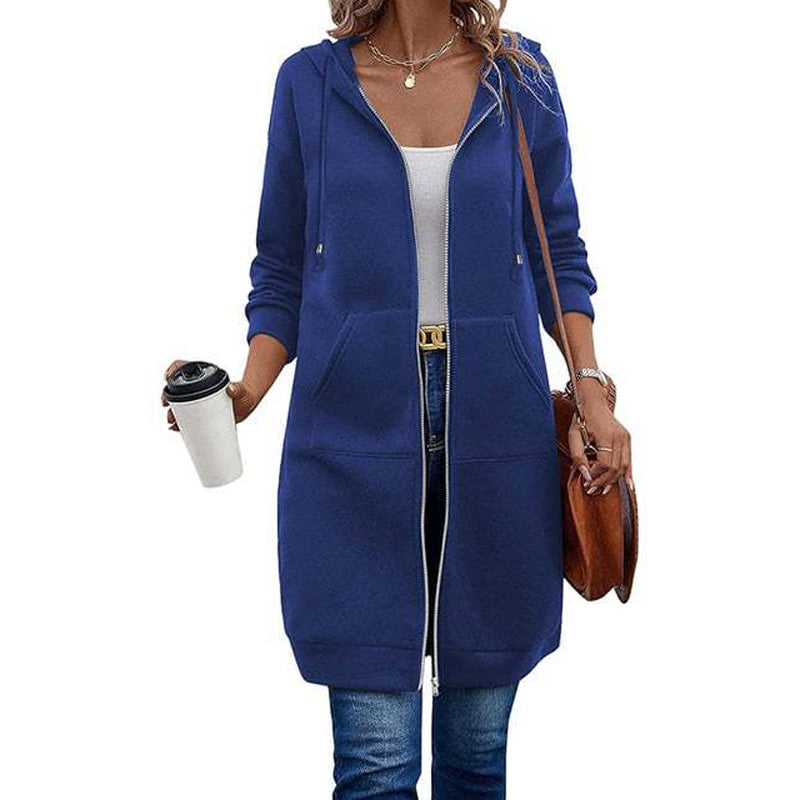 ☕Women Mid-Length Hooded Sweatshirt Jacket Casual Zip Up Cardigan Coat with Pockets☁️