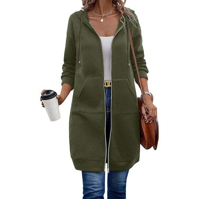 ☕Women Mid-Length Hooded Sweatshirt Jacket Casual Zip Up Cardigan Coat with Pockets☁️