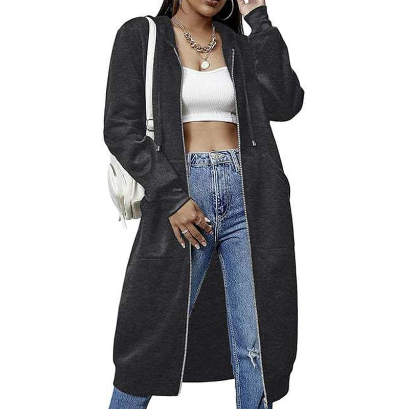 ☕Women Mid-Length Hooded Sweatshirt Jacket Casual Zip Up Cardigan Coat with Pockets☁️