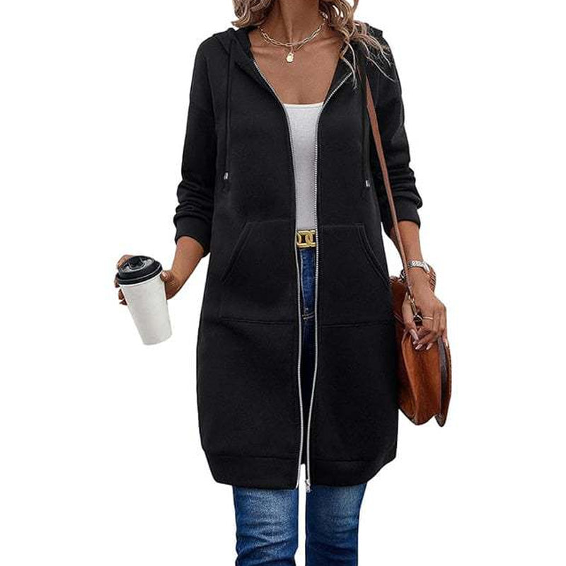 ☕Women Mid-Length Hooded Sweatshirt Jacket Casual Zip Up Cardigan Coat with Pockets☁️