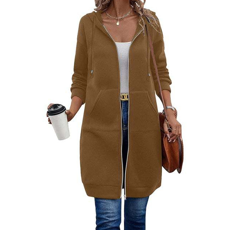 ☕Women Mid-Length Hooded Sweatshirt Jacket Casual Zip Up Cardigan Coat with Pockets☁️