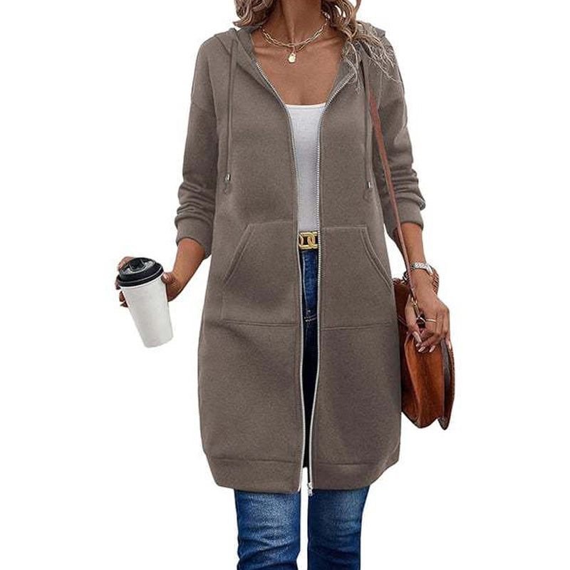 ☕Women Mid-Length Hooded Sweatshirt Jacket Casual Zip Up Cardigan Coat with Pockets☁️