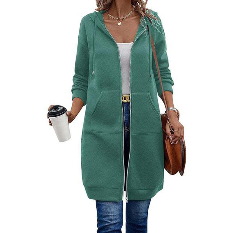 ☕Women Mid-Length Hooded Sweatshirt Jacket Casual Zip Up Cardigan Coat with Pockets☁️