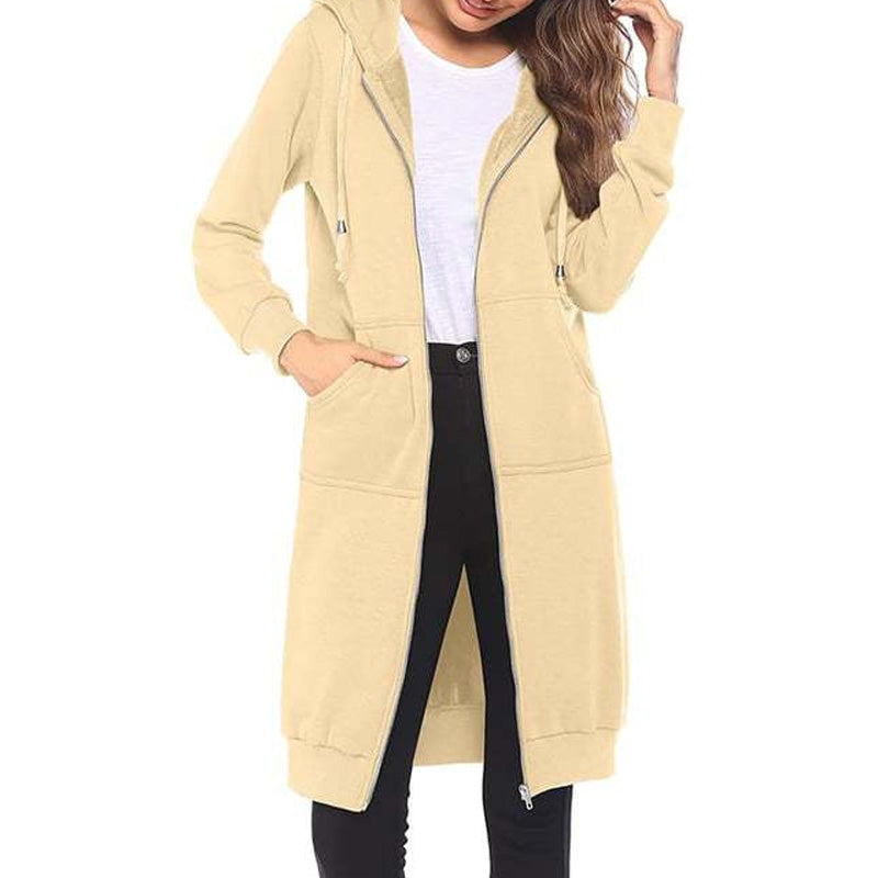 ☕Women Mid-Length Hooded Sweatshirt Jacket Casual Zip Up Cardigan Coat with Pockets☁️