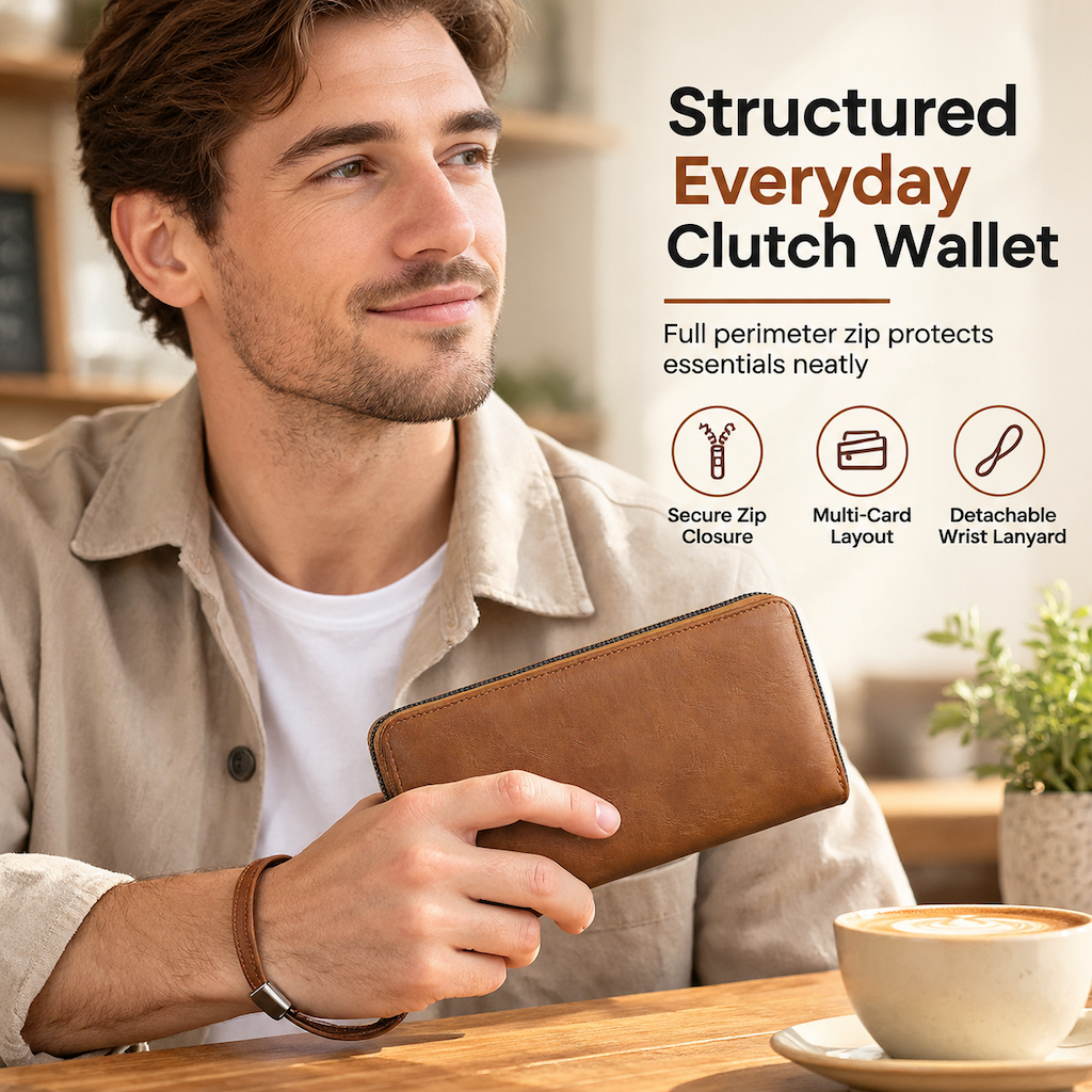 ✈️✨Structured Everyday Clutch Wallet – Rigid Zip, Flat Banknotes, Multi-Compartment, Scratch-Resistant 💳