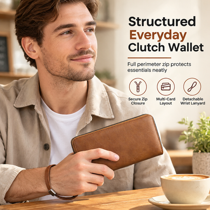 ✈️✨Structured Everyday Clutch Wallet – Rigid Zip, Flat Banknotes, Multi-Compartment, Scratch-Resistant 💳