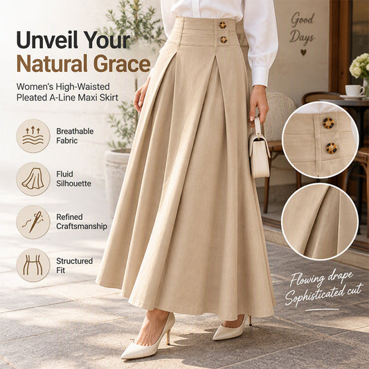✨Women's High-Waisted Pleated A-Line Maxi Skirt☕️high waist, pleated design, flowy A-line long skirt