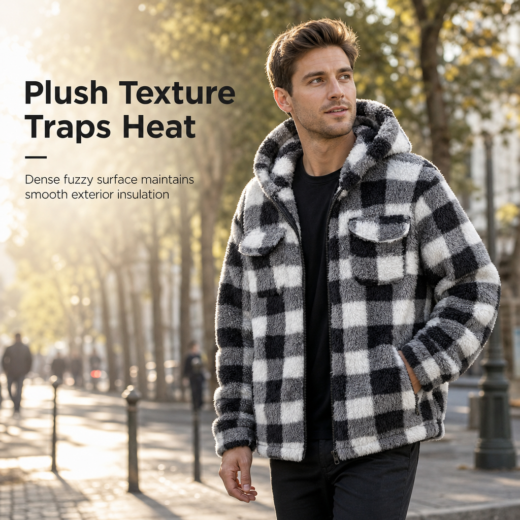 🧥 Men's Plaid Fuzzy Hooded Zip-Up Coat with Dual Flap Chest Pockets ✨ fuzzy plush lining, plaid print, hooded zip coat with chest pockets