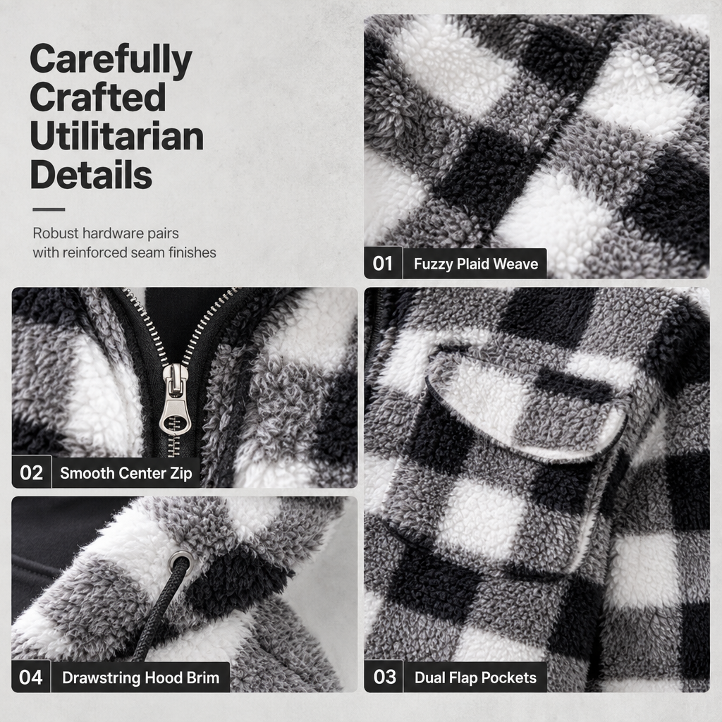 🧥 Men's Plaid Fuzzy Hooded Zip-Up Coat with Dual Flap Chest Pockets ✨ fuzzy plush lining, plaid print, hooded zip coat with chest pockets