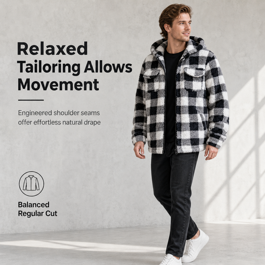 🧥 Men's Plaid Fuzzy Hooded Zip-Up Coat with Dual Flap Chest Pockets ✨ fuzzy plush lining, plaid print, hooded zip coat with chest pockets