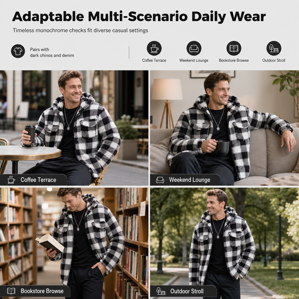 🧥 Men's Plaid Fuzzy Hooded Zip-Up Coat with Dual Flap Chest Pockets ✨ fuzzy plush lining, plaid print, hooded zip coat with chest pockets
