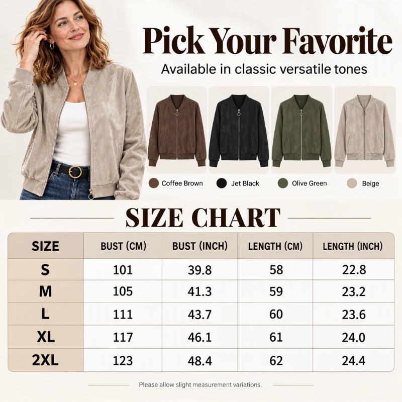 ✨ New Arrival 👩 Women's Faux Suede Cropped Bomber Jacket ✨ faux suede material, cropped length, zip-up bomber outerwear