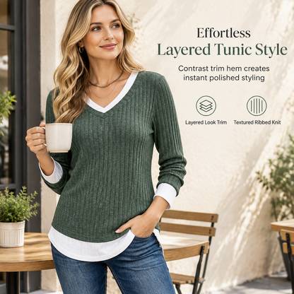 💚 Faux Two Piece Layered Knit Sweater Casual Pullover Top