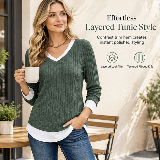 💚 Faux Two Piece Layered Knit Top Casual Pullover Top