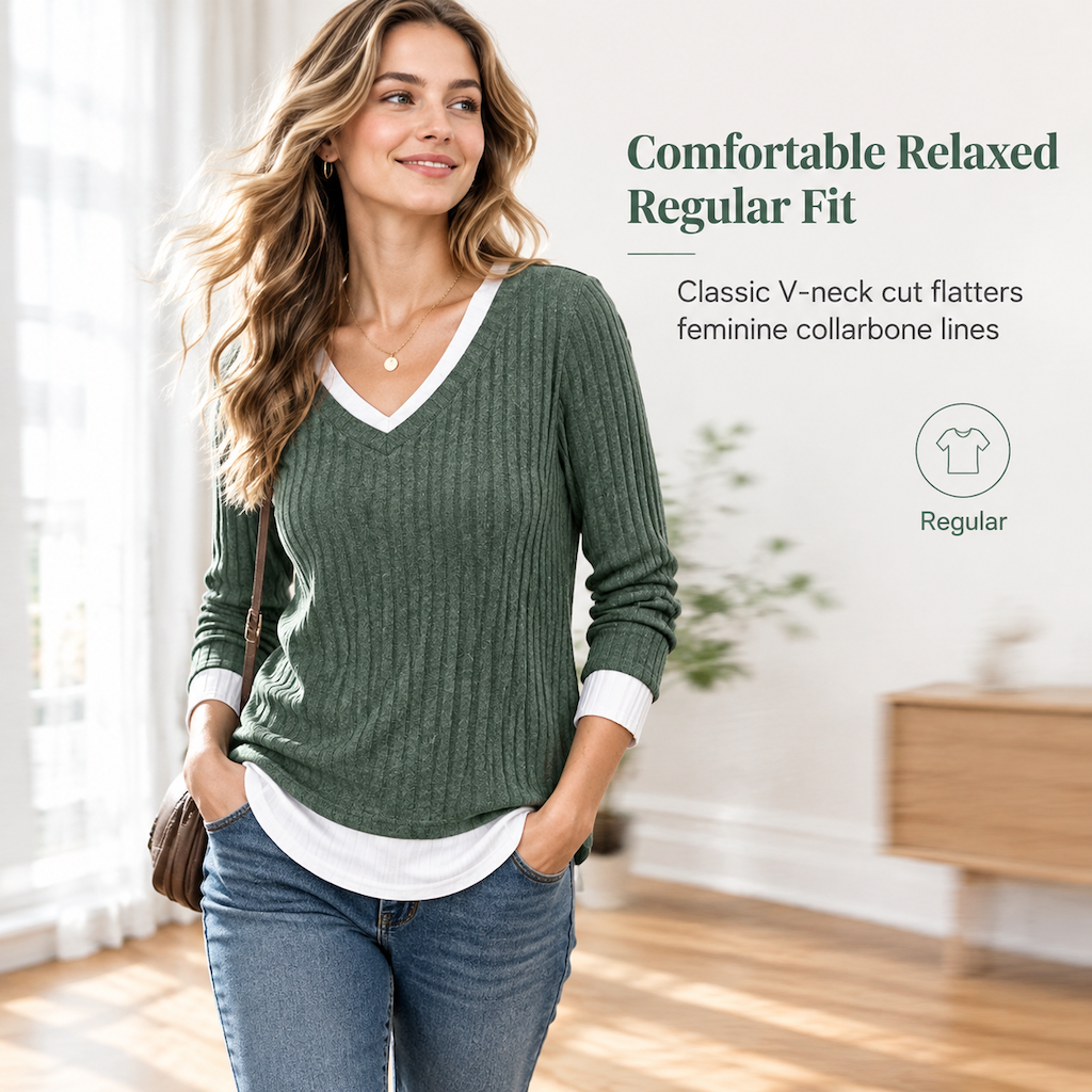 💚 Faux Two Piece Layered Knit Sweater Casual Pullover Top
