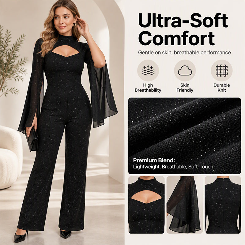 🖤 Women's Sparkly Glitter Cape Sleeve Jumpsuit✨