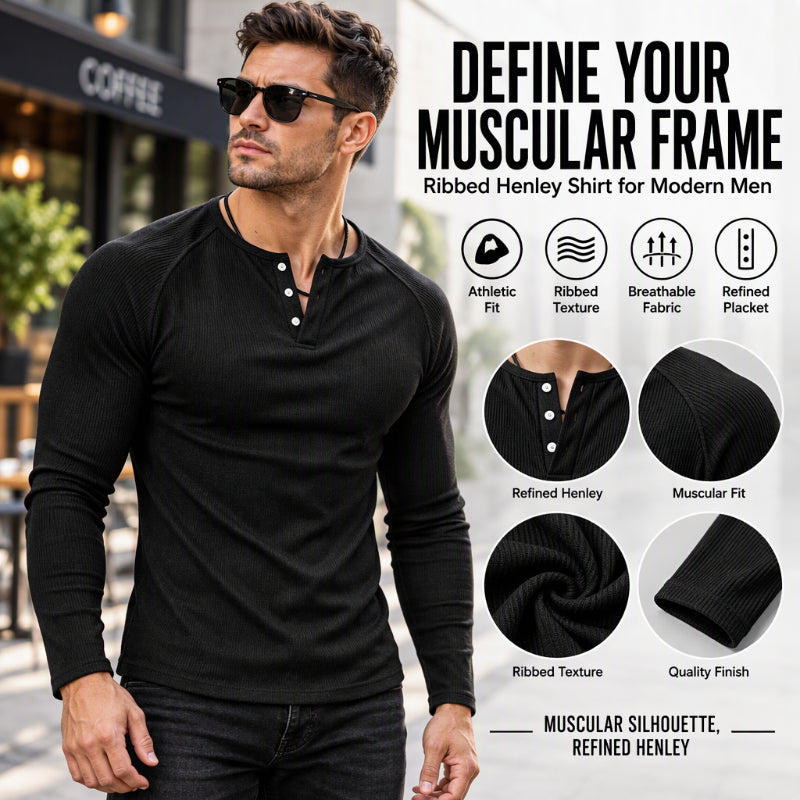 🖤 Men's Casual Slim Fit Ribbed Henley T-Shirt