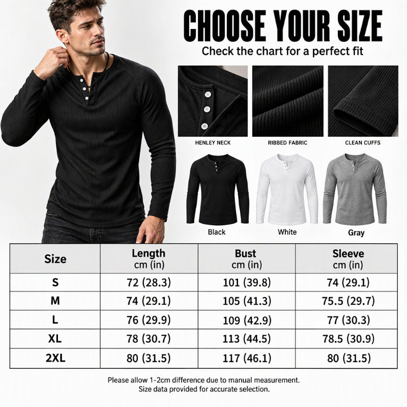 🖤 Men's Casual Slim Fit Ribbed Henley T-Shirt