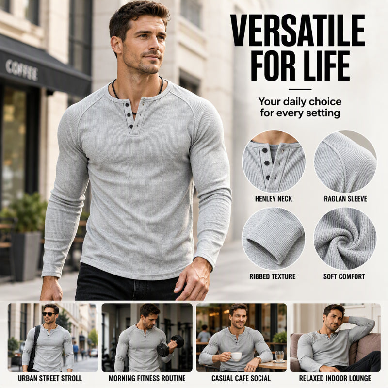 🖤 Men's Casual Slim Fit Ribbed Henley T-Shirt