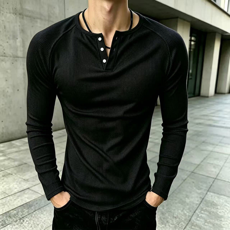 🖤 Men's Casual Slim Fit Ribbed Henley T-Shirt