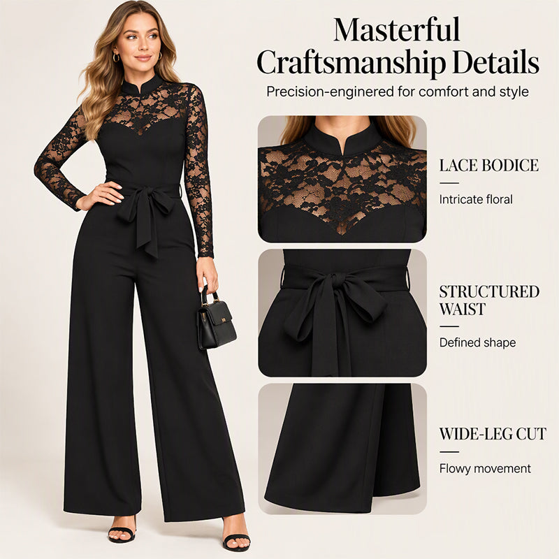 🖤 Women's Elegant Lace Patchwork Belted Jumpsuit