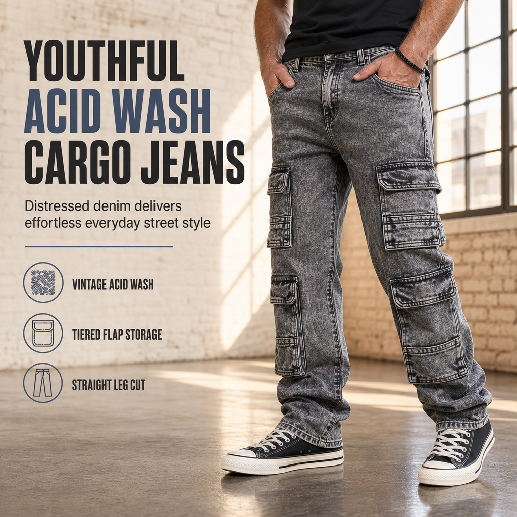 👖 Retro Washed Wide Leg Cargo Jeans Y2K High Street Denim Pants with Pockets