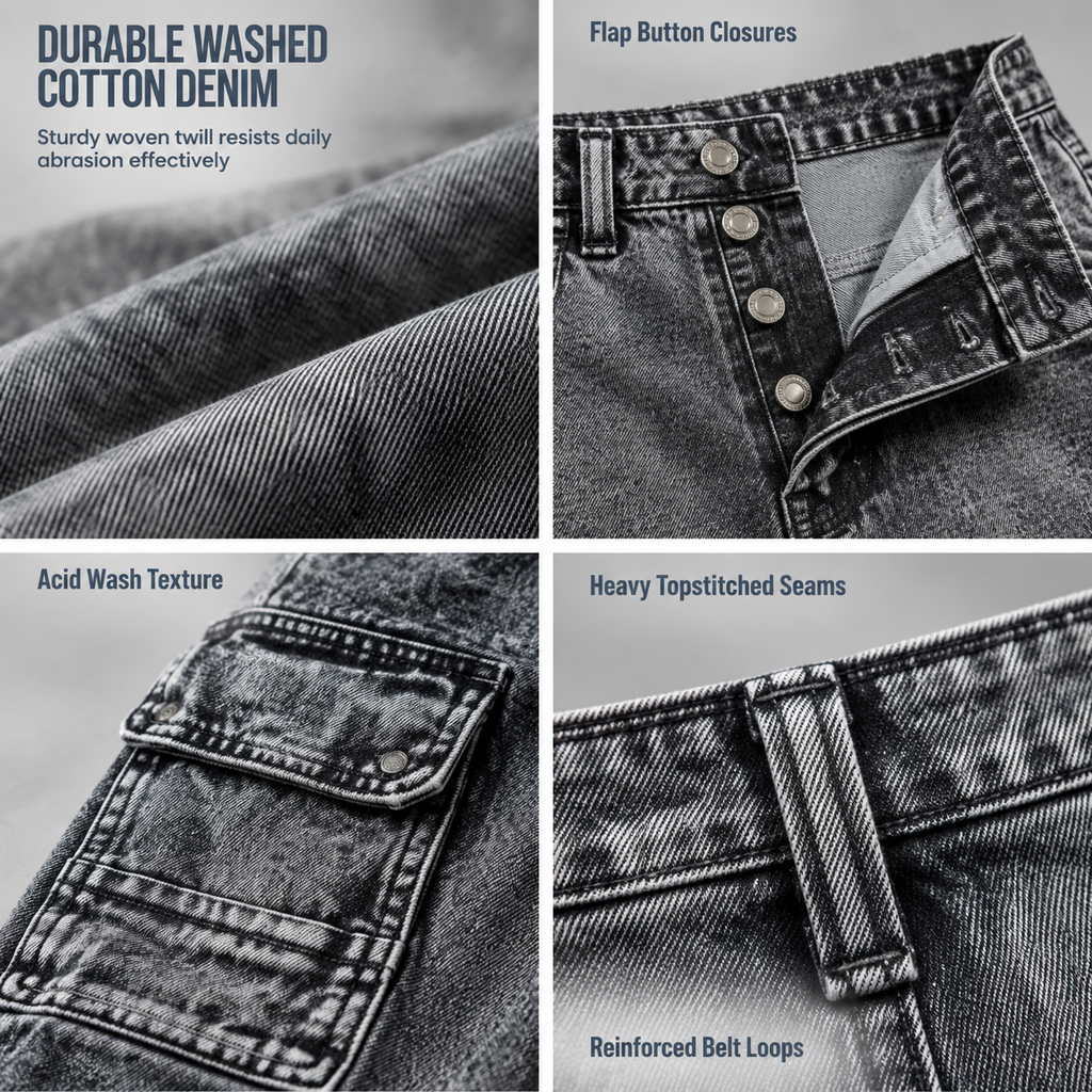 👖 Retro Washed Wide Leg Cargo Jeans Y2K High Street Denim Pants with Pockets