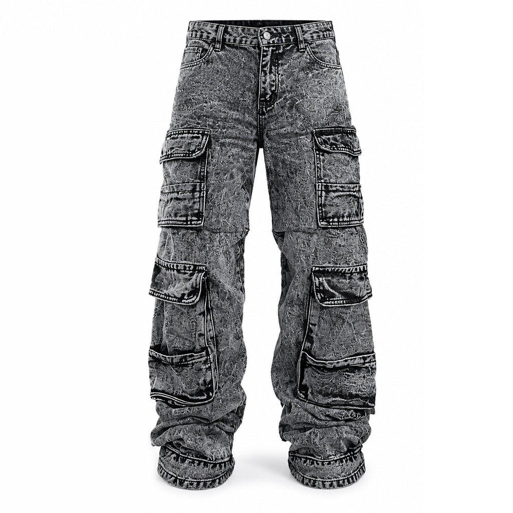 👖 Retro Washed Wide Leg Cargo Jeans Y2K High Street Denim Pants with Pockets