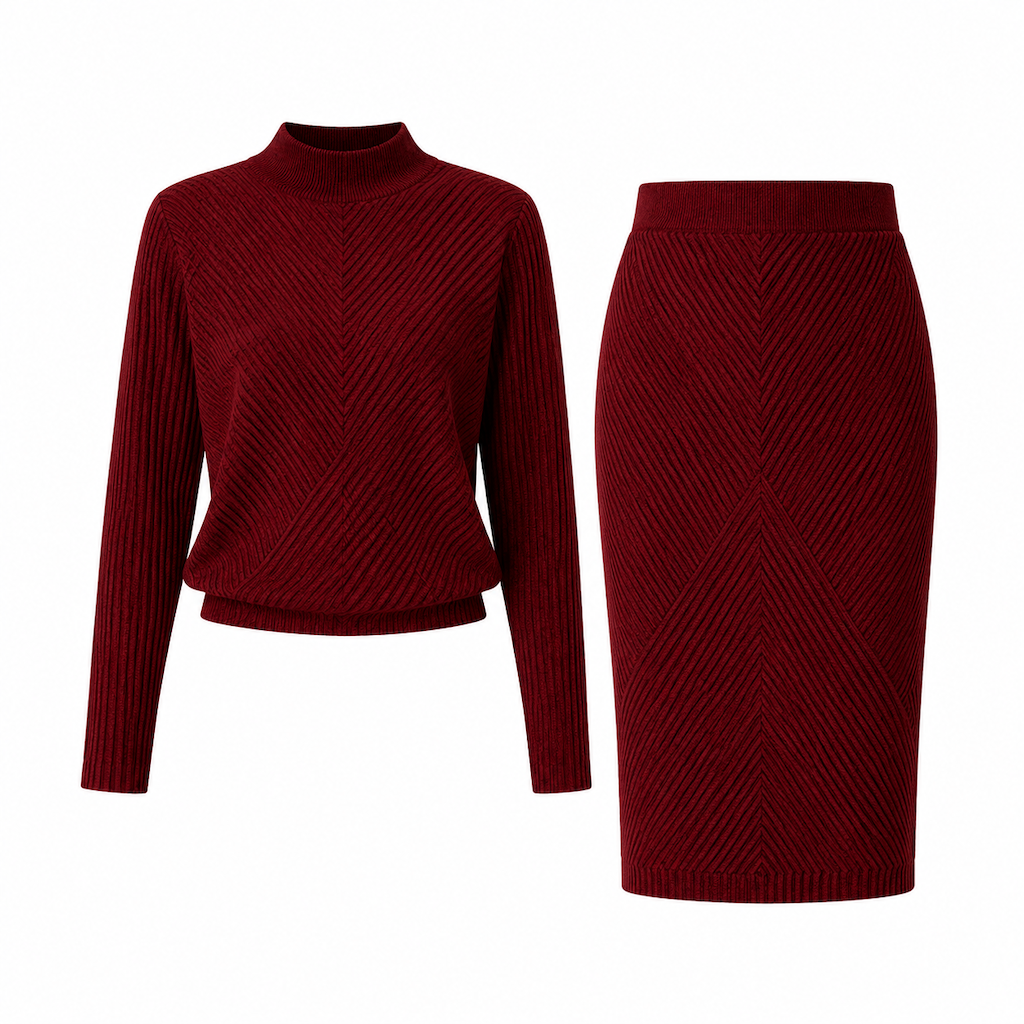 💗 Women's Solid Color Turtleneck Knit Pullover Sweater and Skirt Set
