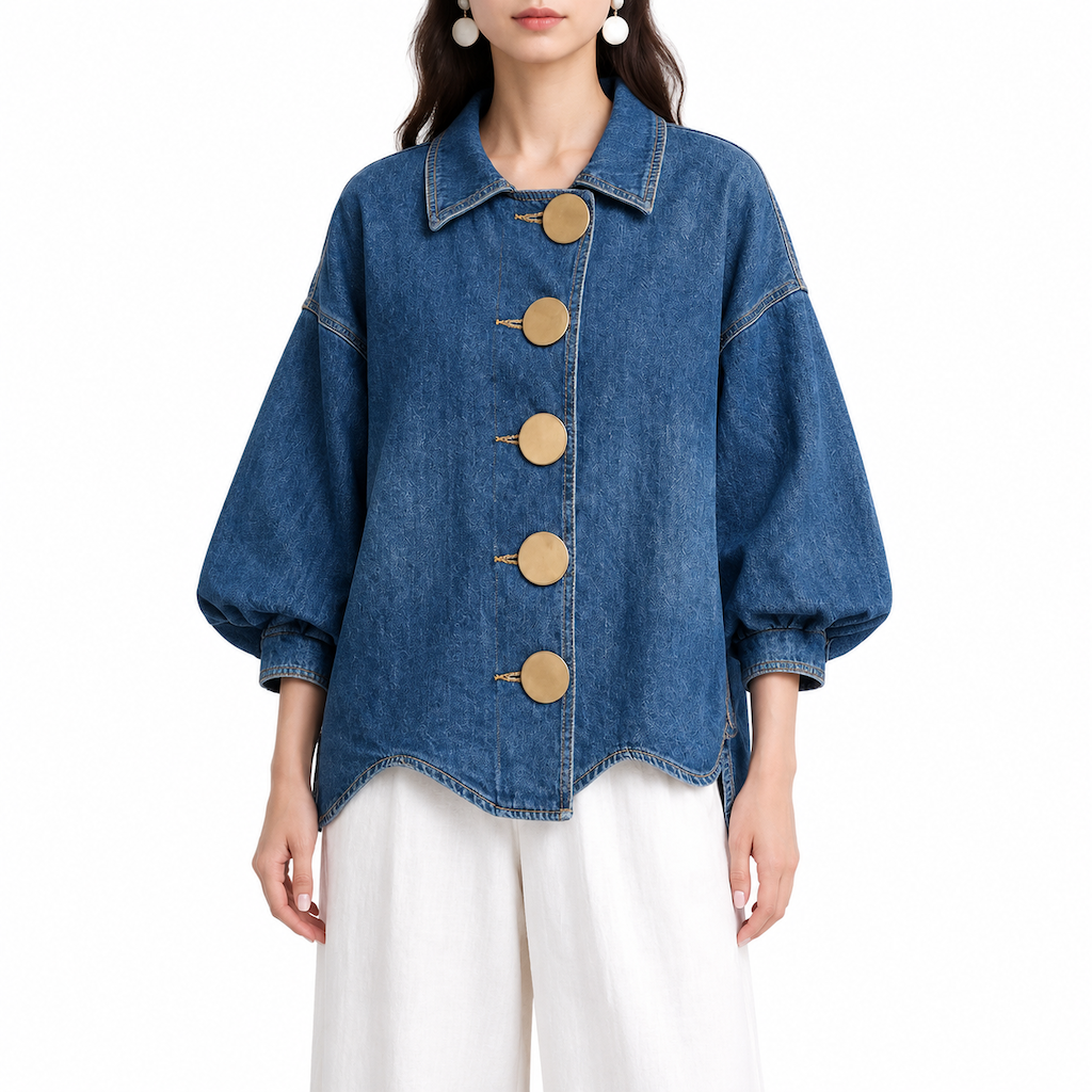 💙 Oversized Washed Denim Shirt Coat with Statement Gold Buttons and Lantern Sleeves