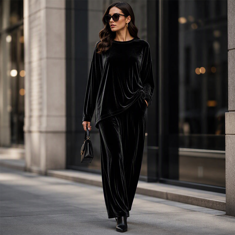 💠Women's Velvet Long Sleeve Top & Wide-Leg Pants Set