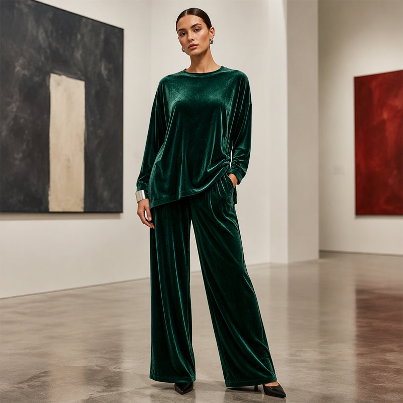 💠Women's Velvet Long Sleeve Top & Wide-Leg Pants Set