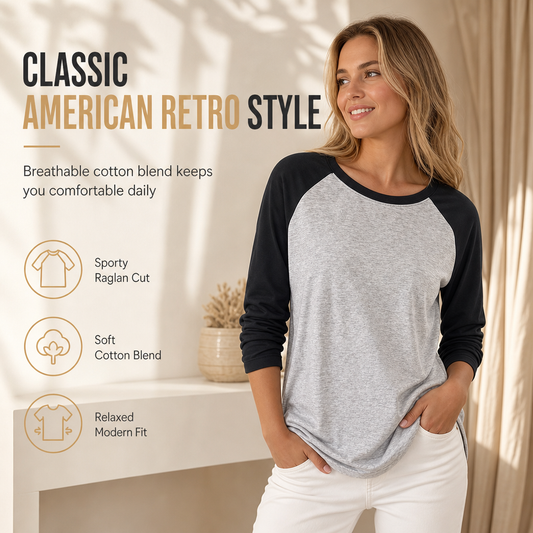 💖 Women's Casual Loose Crew Neck Long Sleeve T-Shirt Color Block Pullover Top