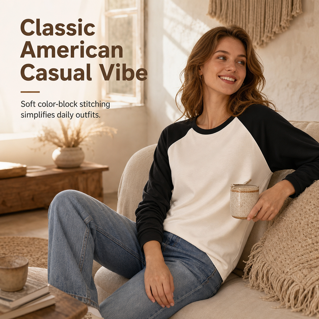 💖 Women's Casual Loose Crew Neck Long Sleeve T-Shirt Color Block Pullover Top