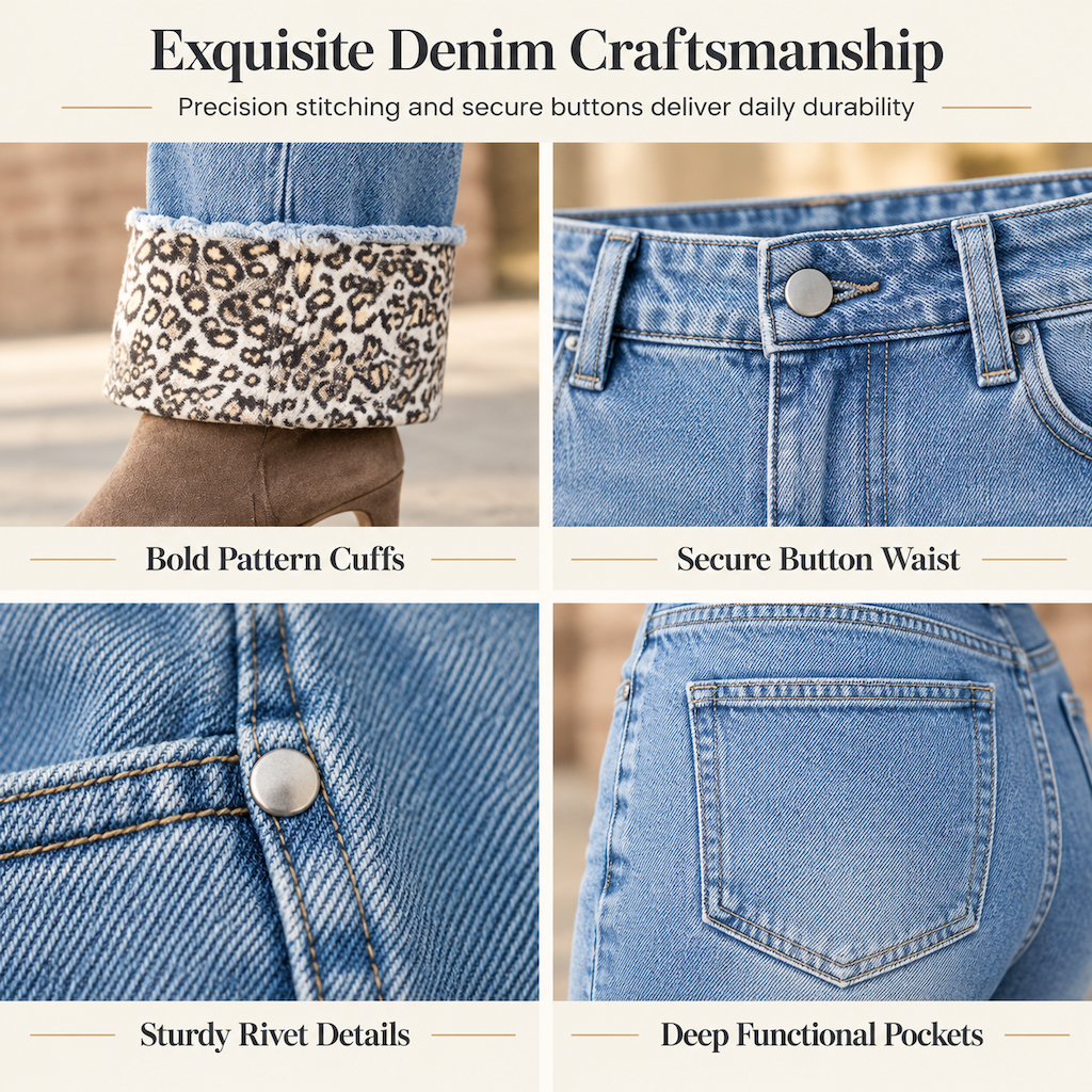 👖 Women's Fashion Casual Washed Stretch Leopard Print Blue Jeans