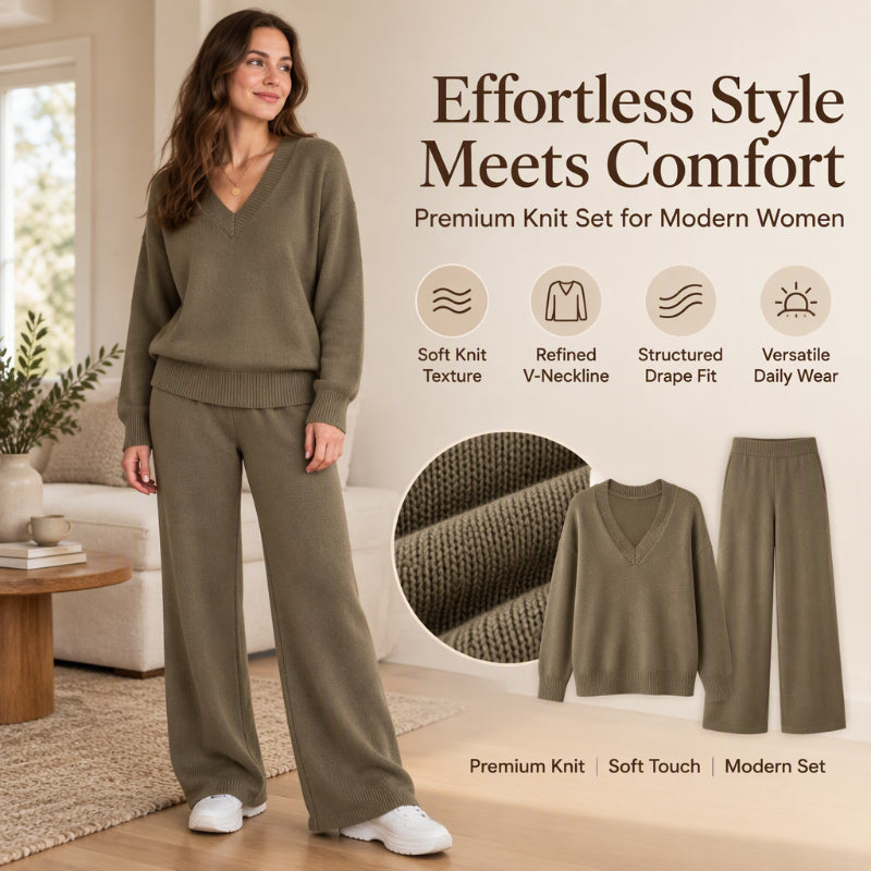 🎀 Women's Knit V-Neck Sweater & Wide-Leg Pants Set