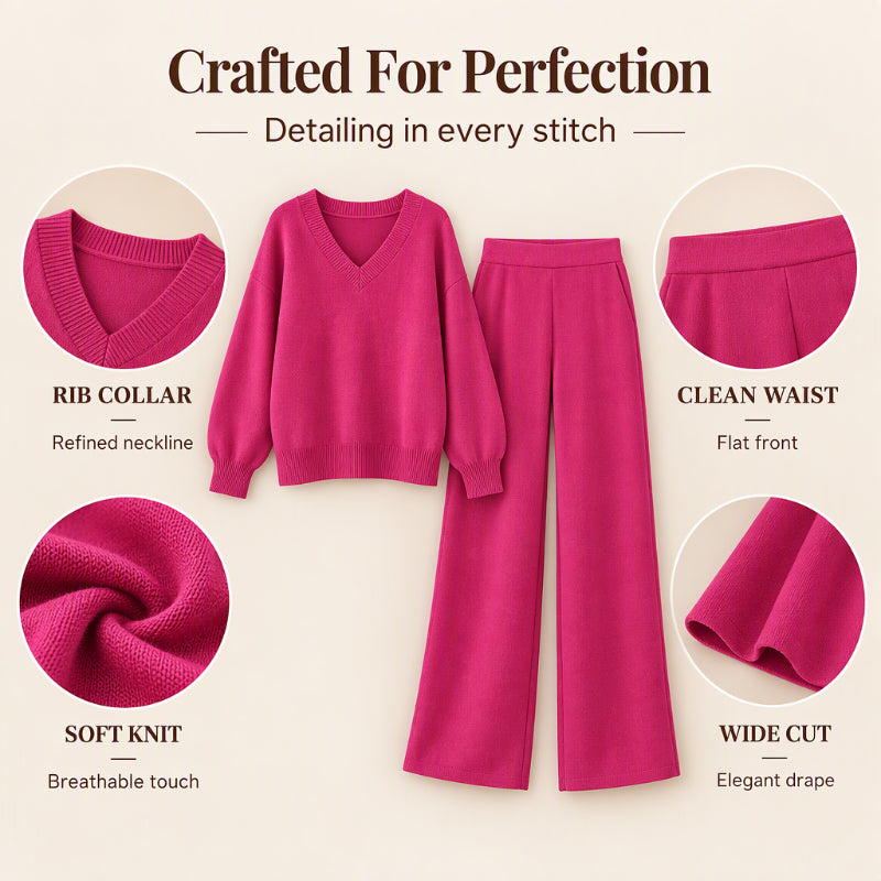 🎀 Women's Knit V-Neck Sweater & Wide-Leg Pants Set