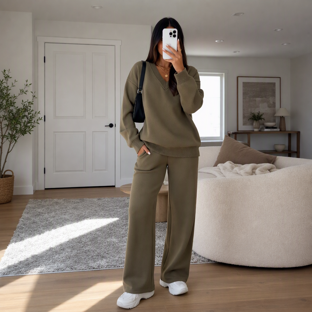 🎀 Women's Knit V-Neck Sweater & Wide-Leg Pants Set