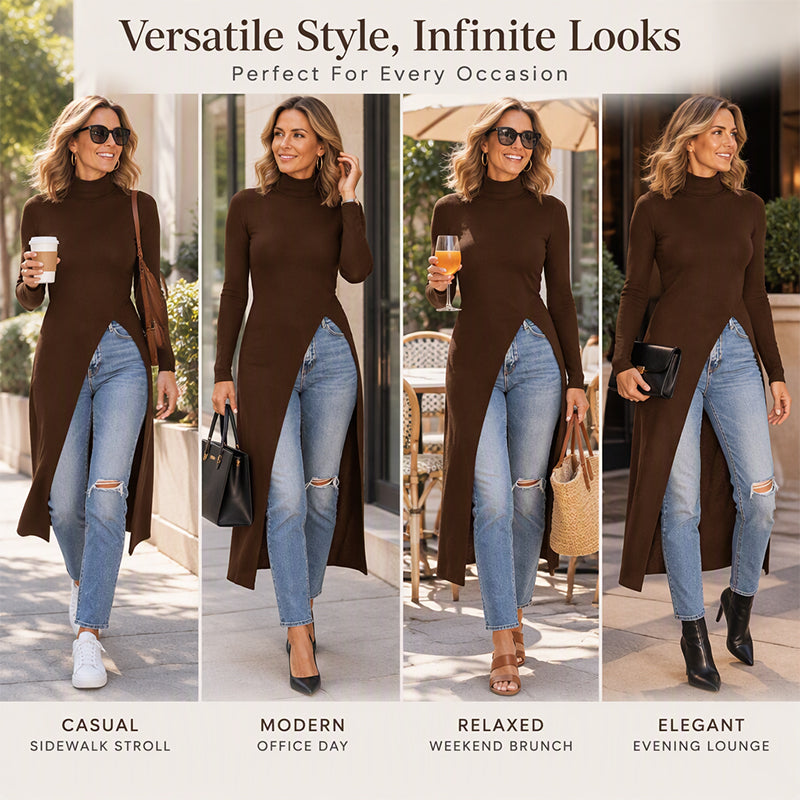 💖 Women's Turtleneck High Split Knit Tunic