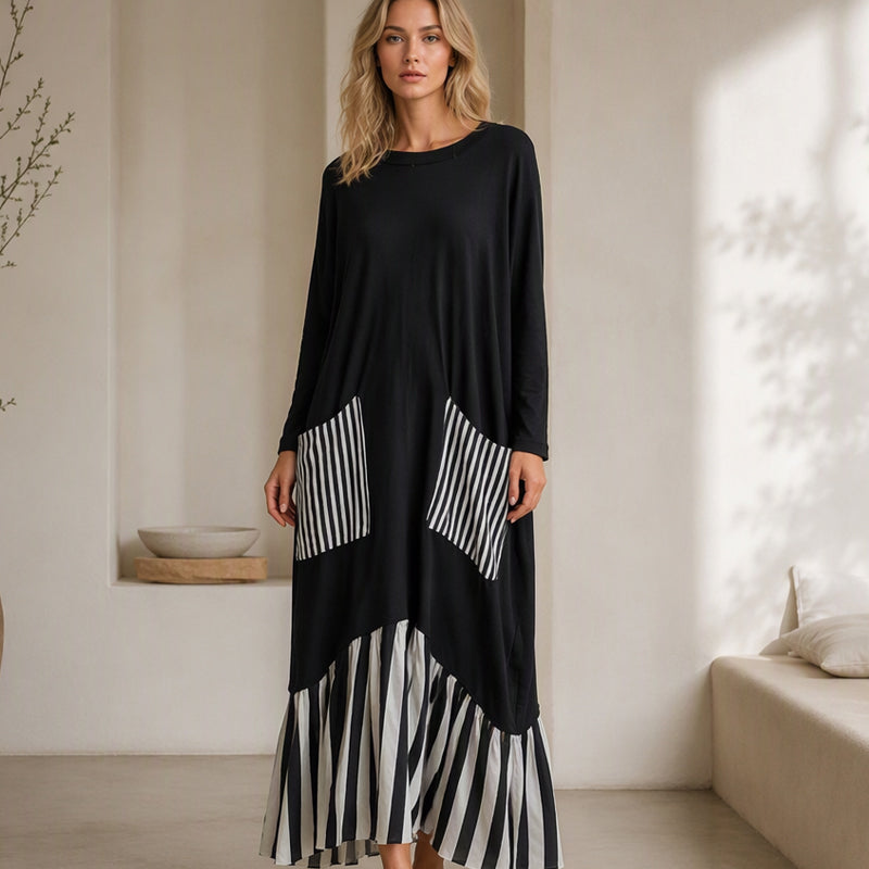 ✨Women's Striped Patchwork Long Sleeve Maxi Dress