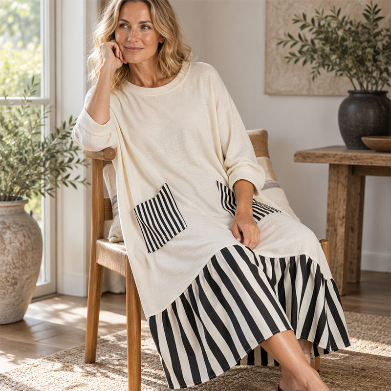 ✨Women's Striped Patchwork Long Sleeve Maxi Dress