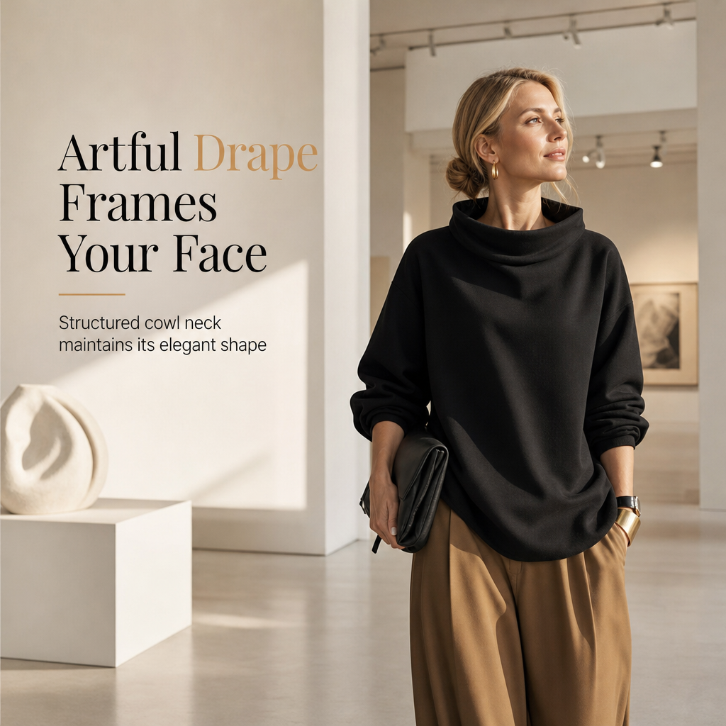 💖Loose Fit Mock Neck Draped Pullover Sweatshirt with Dropped Shoulders and Long Sleeves