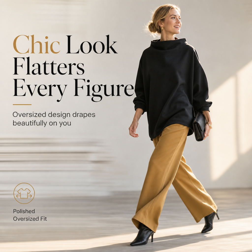 💖Loose Fit Mock Neck Draped Pullover Sweatshirt with Dropped Shoulders and Long Sleeves